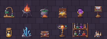 All twelve Arcane Curiosities Vol.1 props animating on a stone floor