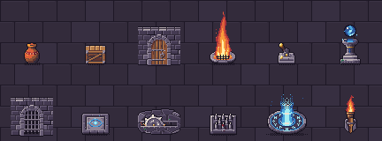 All twelve Dungeon Mechanisms props animating on a stone floor